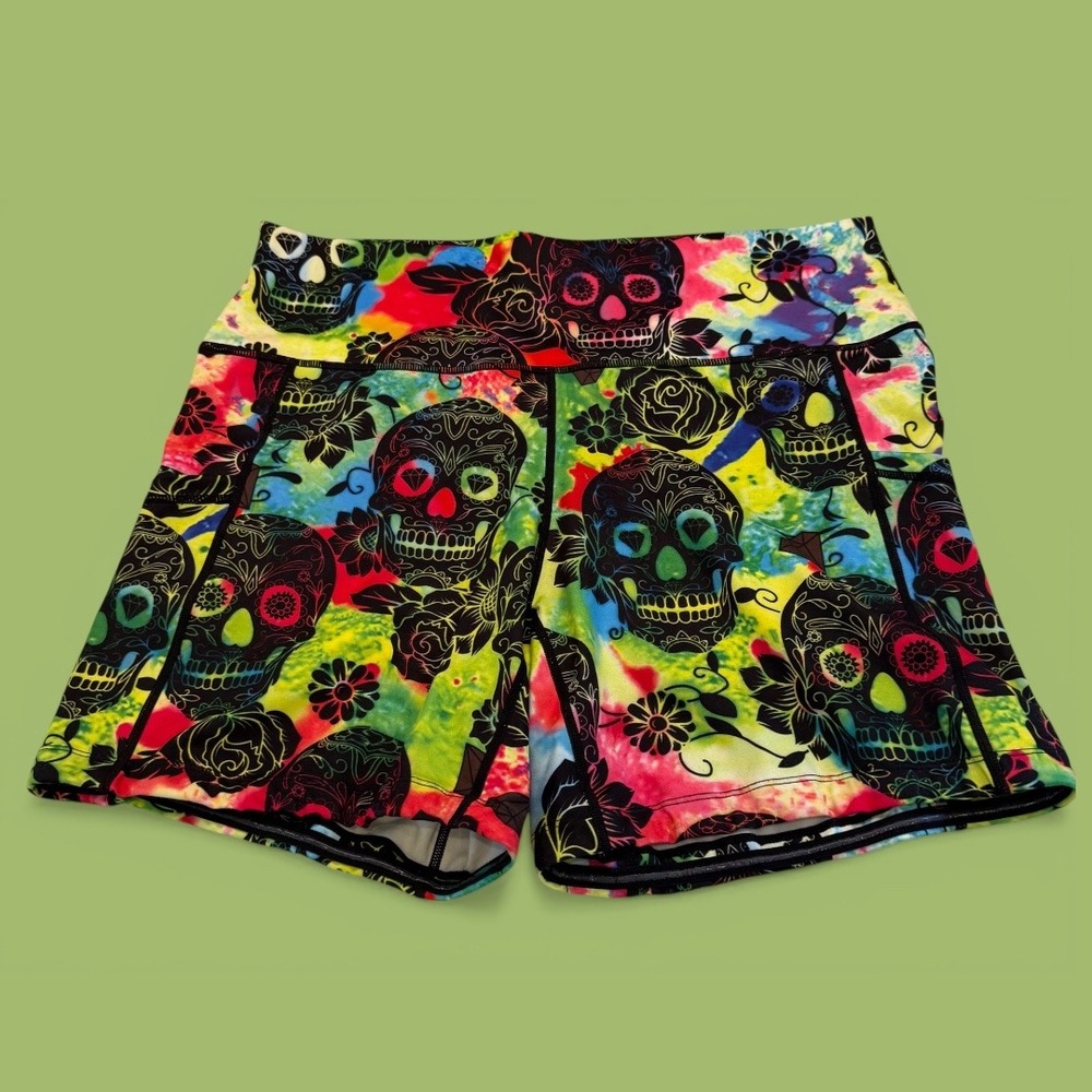 Constantly Varied Gear Colorful Neon Skulls Workout‎ Gym Bike Shorts Pockets XL